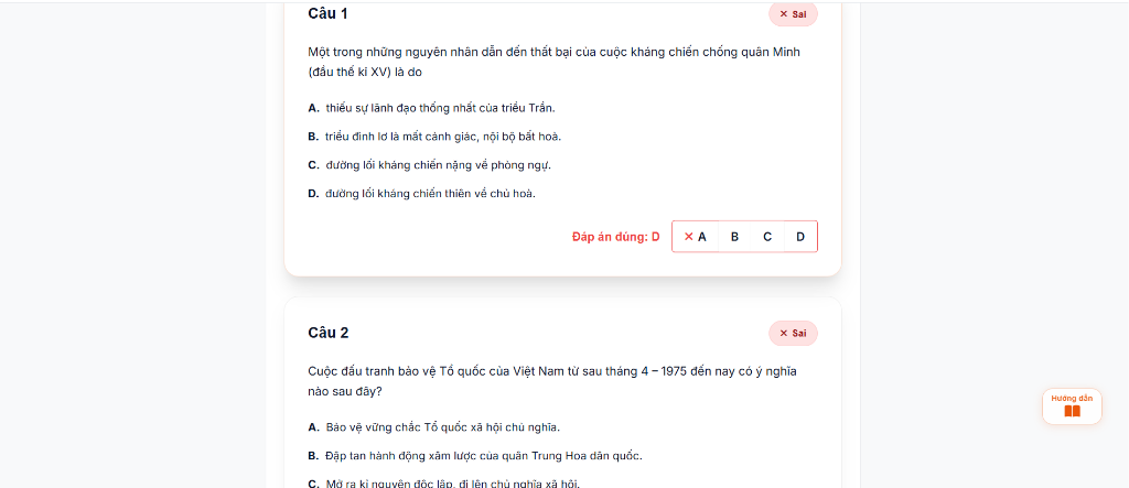 Giao diện xem chi tiết đáp án