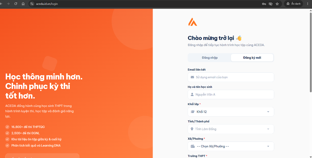 Form Đăng ký tài khoản ACEDA