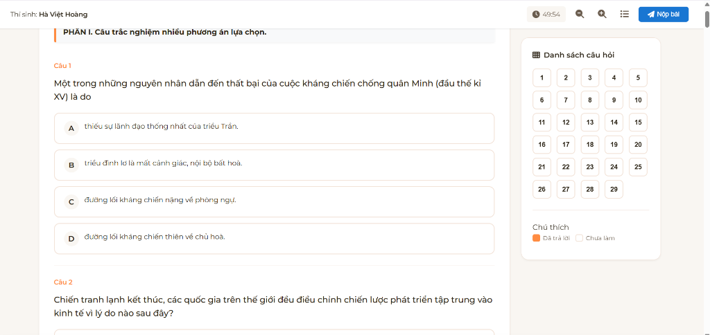 Giao diện làm bài thi